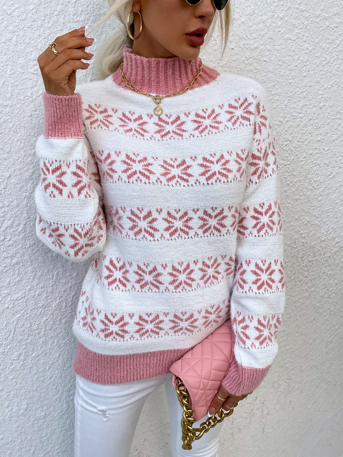 Snowflake Pattern Mock Neck Sweater nicholesgifts