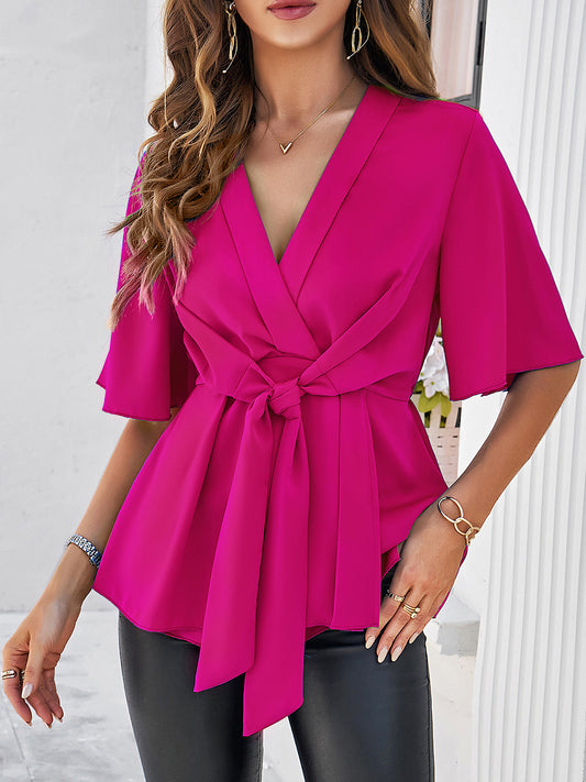 Surplice Tie Waist Half Sleeve Blouse nicholesgifts