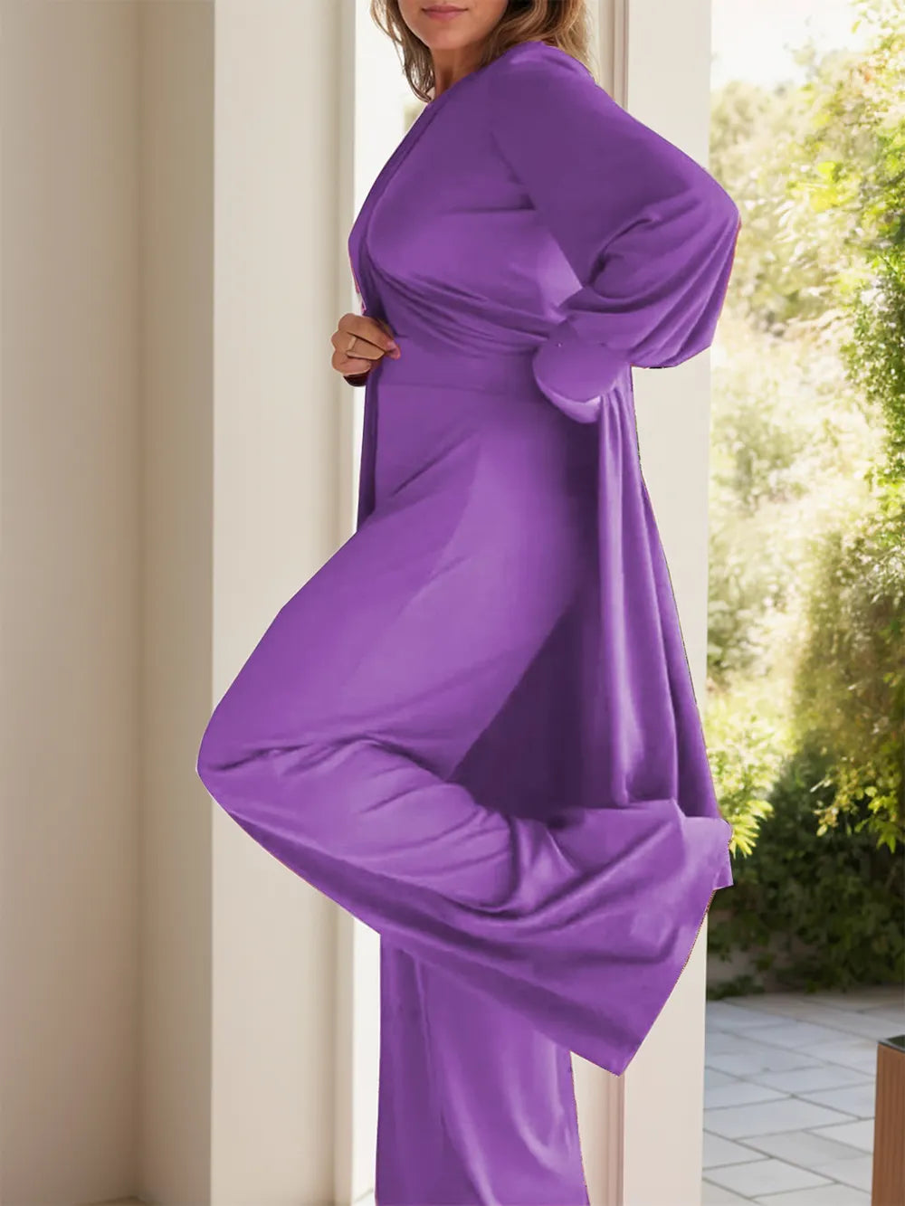 Full Size Slit Round Neck Long Sleeve Top and Pants Set Trendsi