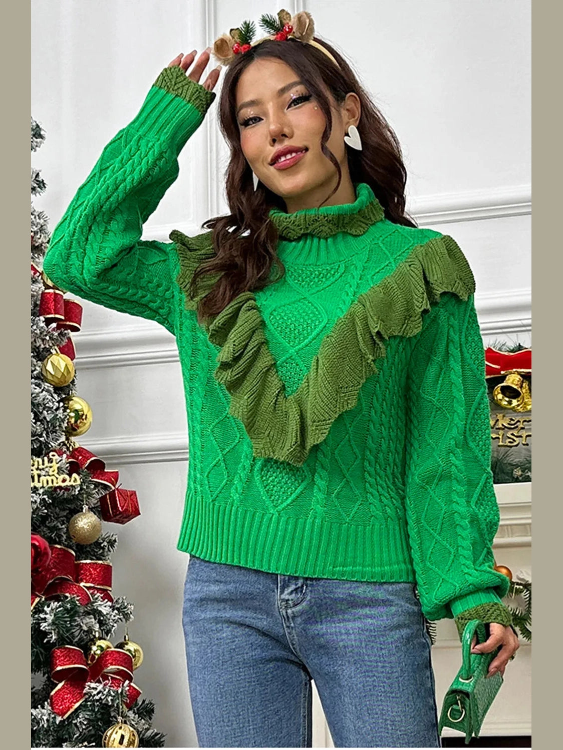 Cable-Knit Ruffled Mock Neck Lantern Sleeve Sweater Trendsi