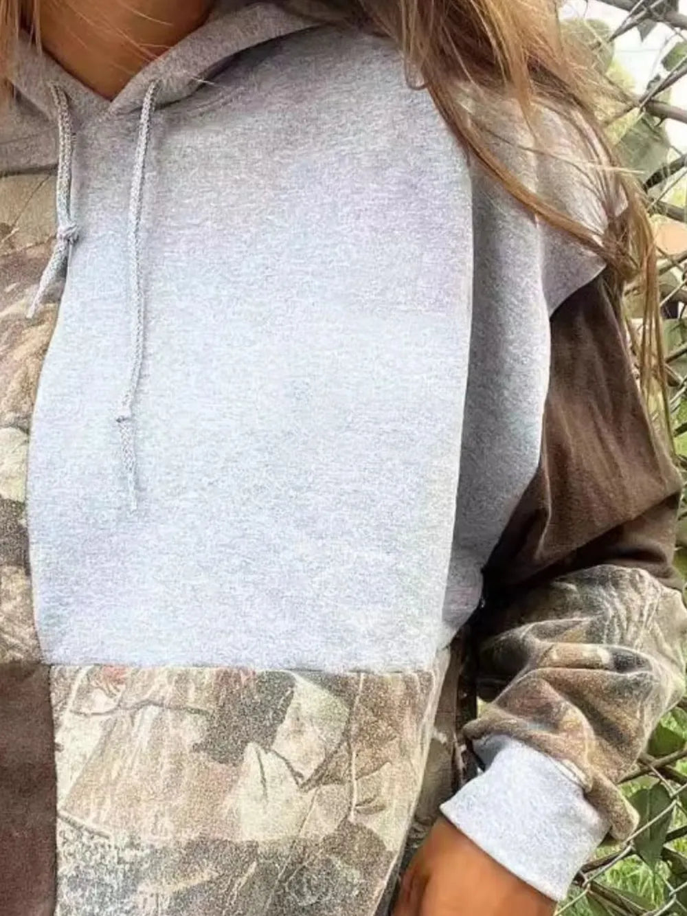 Full Size Drawstring Patchwork Long Sleeve Hoodie Trendsi