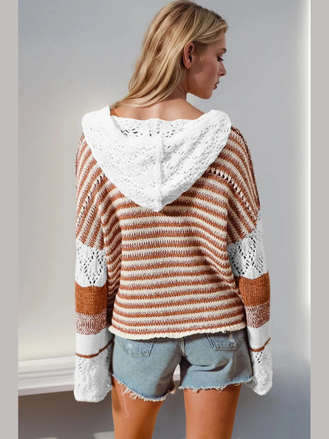 Double Take Full Size Openwork Contrast Long Sleeve Hooded Sweater Trendsi