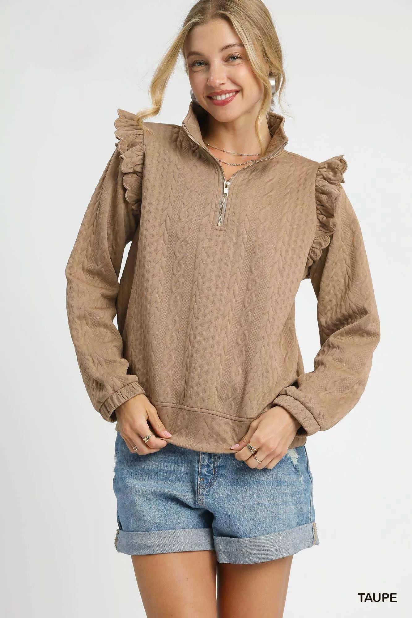 Umgee Cable Knit Textured Pullover with Ruffle Shoulders Trendsi