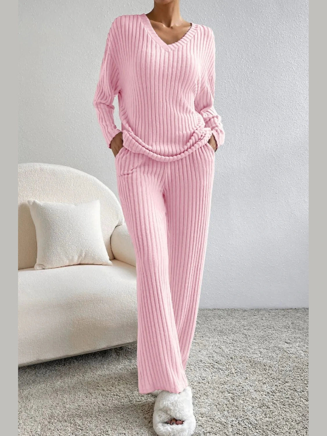 Ribbed V-Neck Top and Pants Lounge Set nicholesgifts