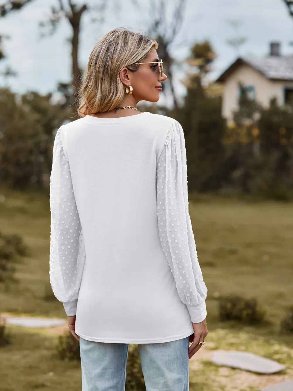 Swiss Dot V-Neck Long Sleeve Blouse NicholesGifts