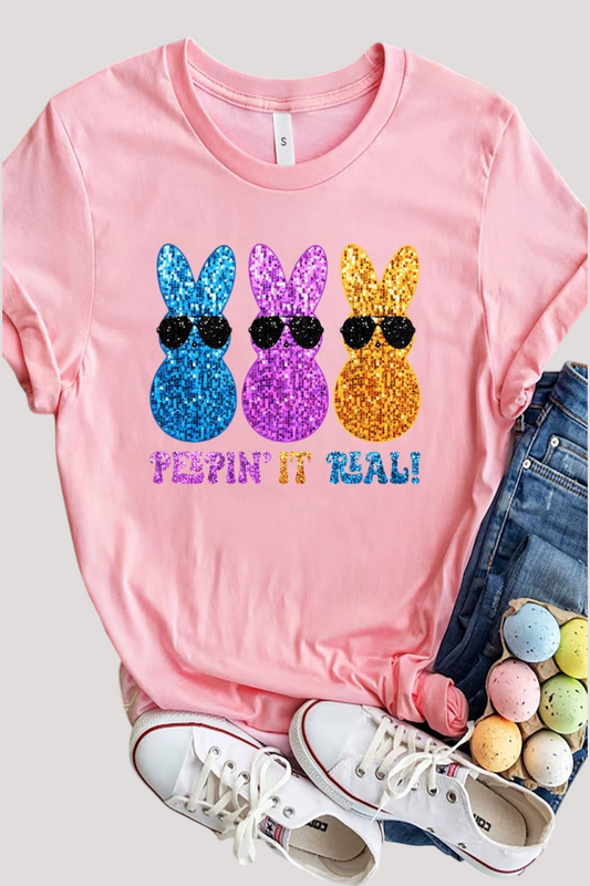 Women Sequin Rabbit Round Neck Short Sleeve Easter T-Shirt NicholesGifts