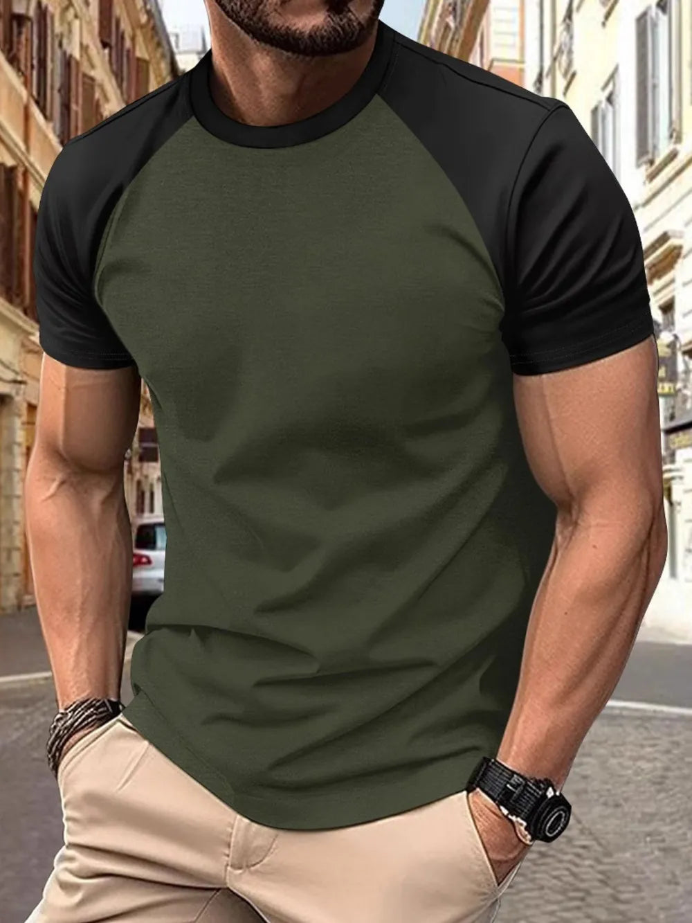 Men's Full Size Round Neck Contrast T-Shirt Plus Size Trendsi