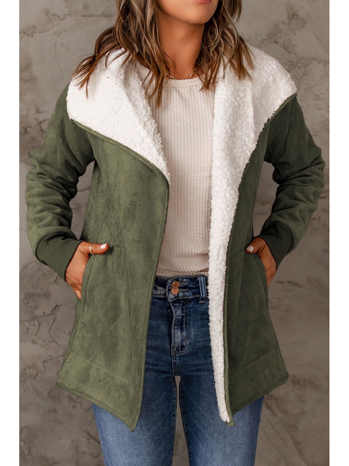 Open Front Long Sleeve Sherpa Jacket with Pockets nicholesgifts