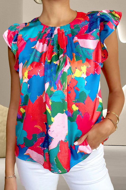 Ruffled Abstract Print Round Neck Cap Sleeve Blouse nicholesgifts