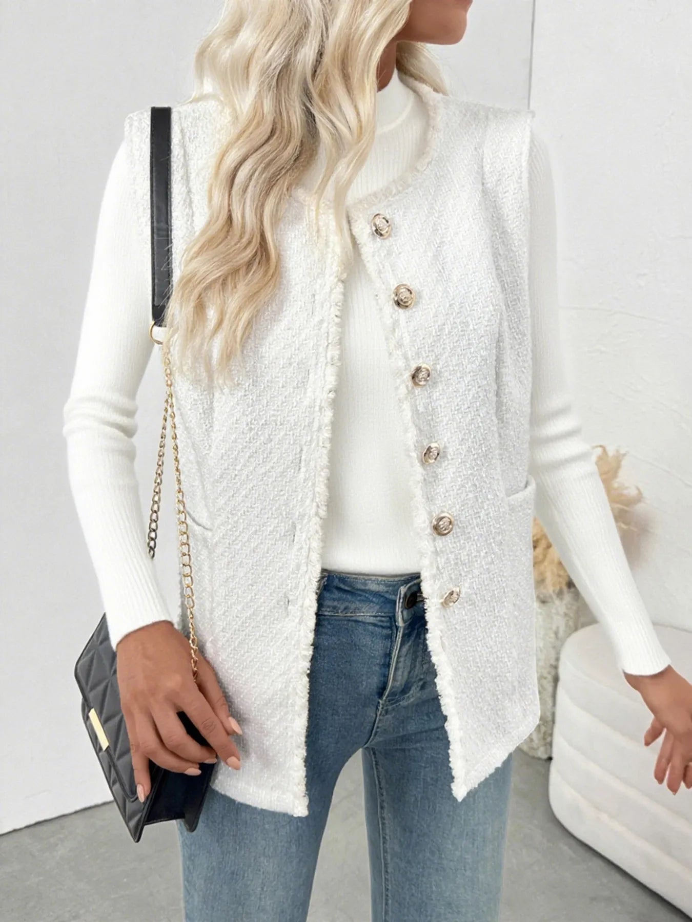 Textured Button-Front Vest with Raw Edge nicholesgifts
