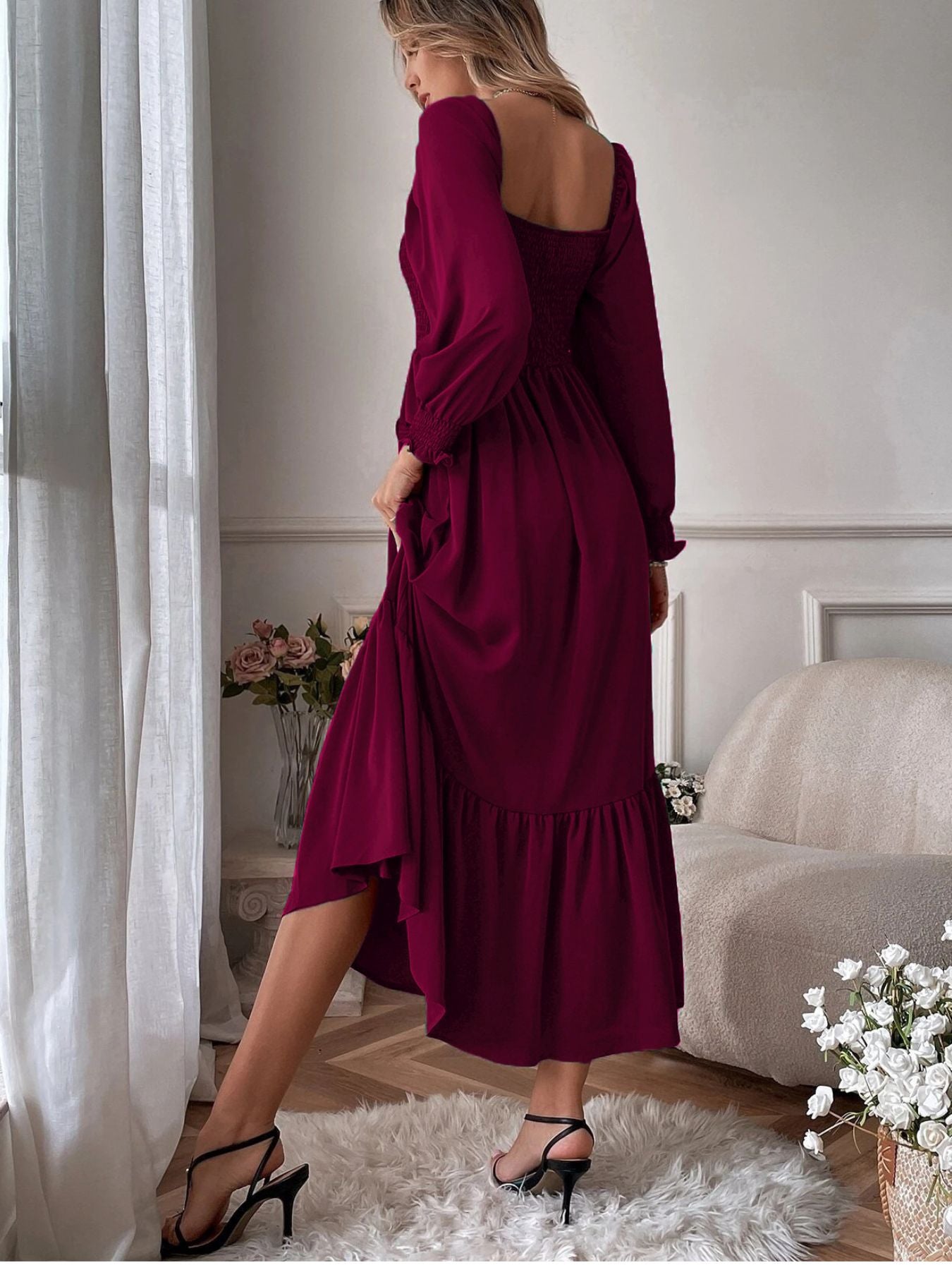 Smocked Long Sleeve Midi Dress nicholesgifts