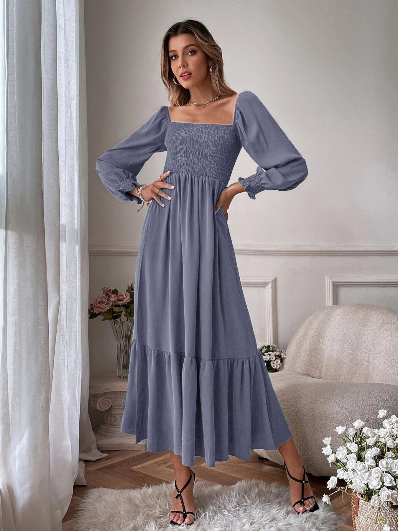 Smocked Long Sleeve Midi Dress nicholesgifts
