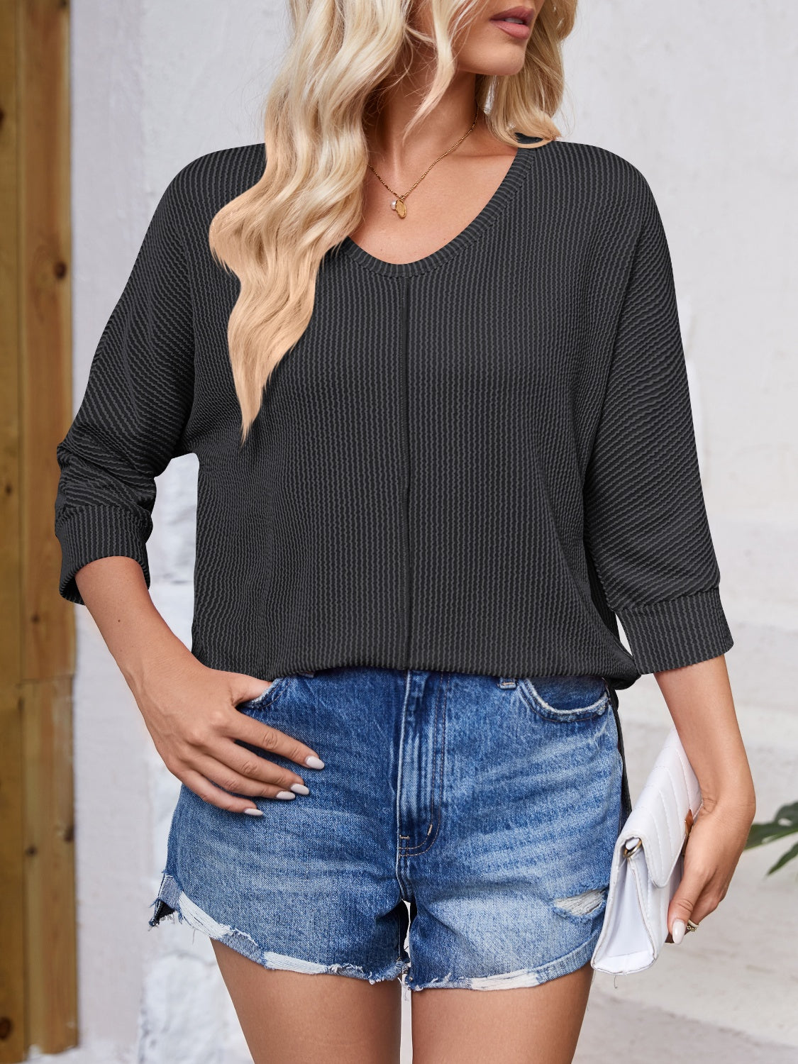 Textured Round Neck Three-Quarter Sleeve Blouse nicholesgifts