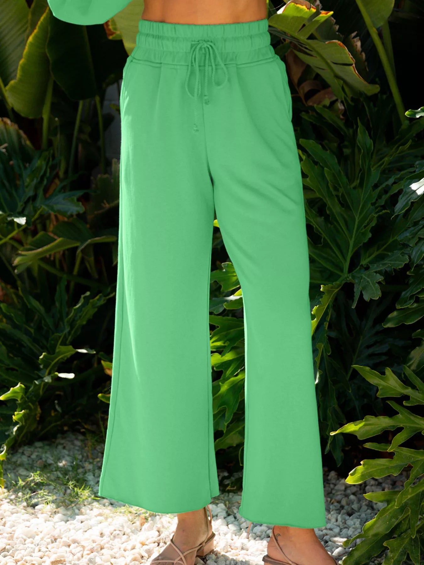 Drop Shoulder Puff Sleeve Crop Top and Drawstring Wide Leg Pants Set Trendsi