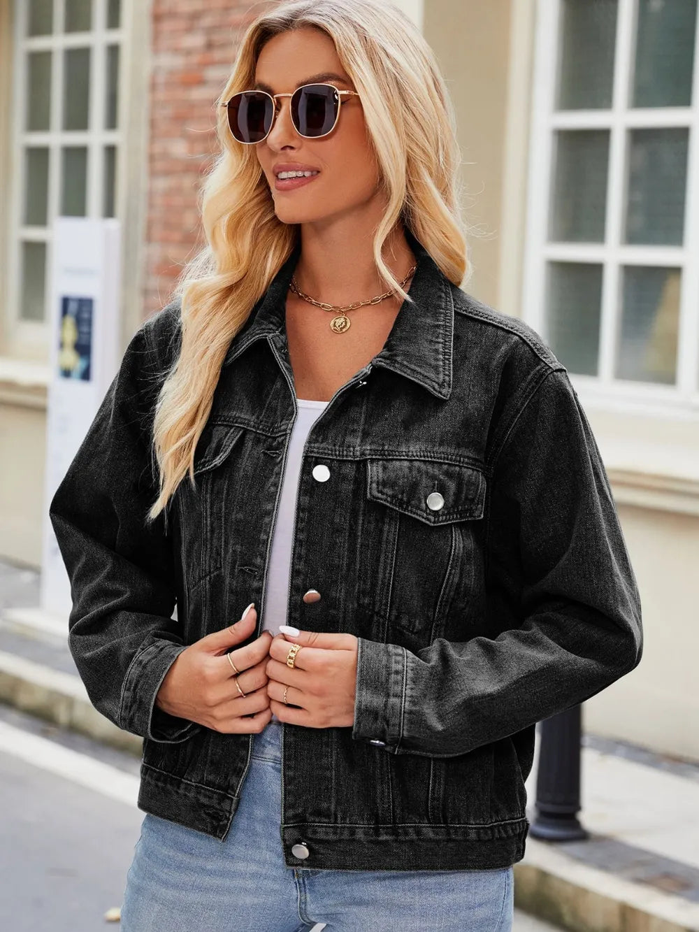 Pocketed Collared Neck Denim Jacket nicholesgifts