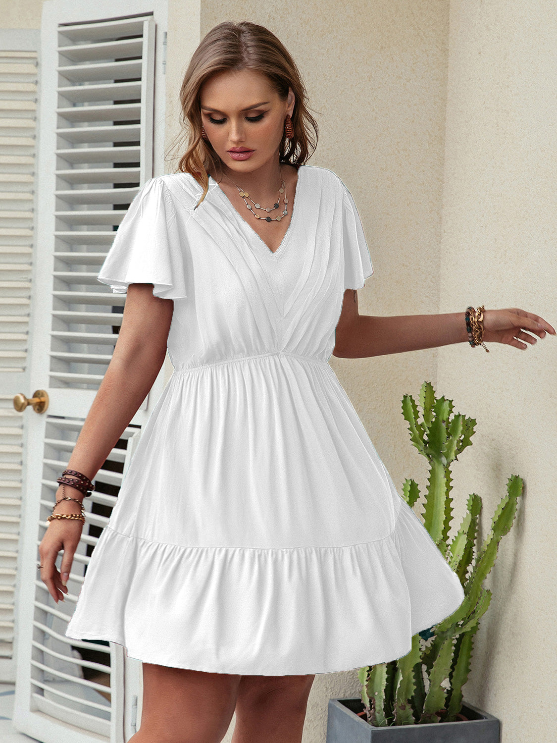 Double Take Plus Size Ruffle Hem V-Neck Short Sleeve Dress nicholesgifts