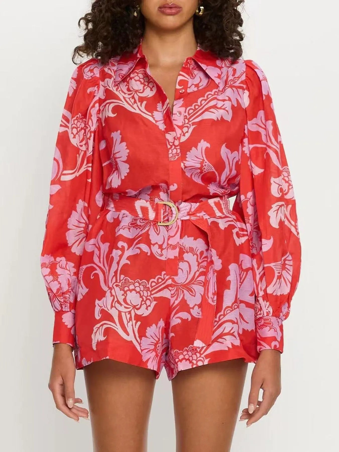Printed Long Sleeve Belted Romper nicholesgifts