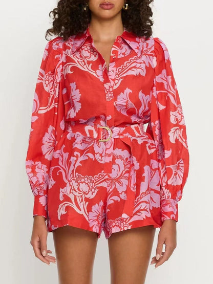 Printed Long Sleeve Belted Romper nicholesgifts