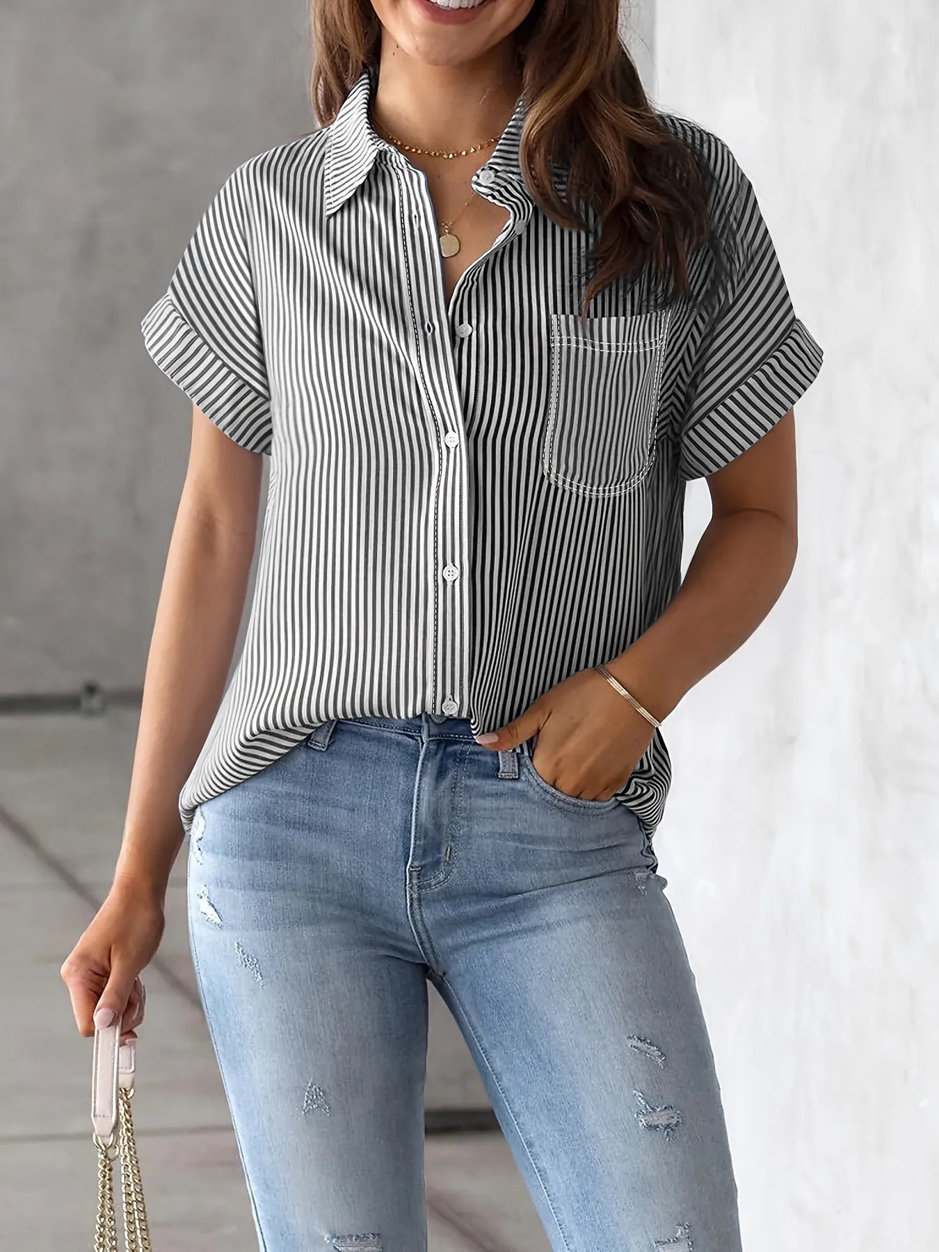 Full Size Striped Button-Up Casual Shirt with Pocket Plus Size nicholesgifts
