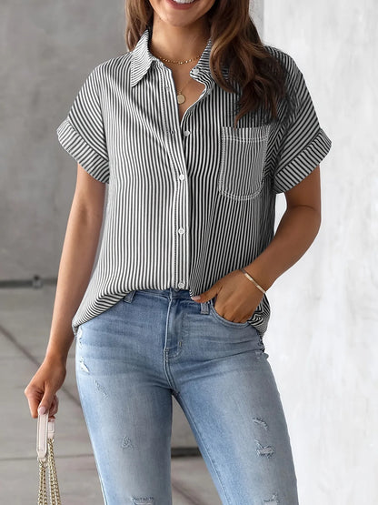 Full Size Striped Button-Up Casual Shirt with Pocket Plus Size nicholesgifts