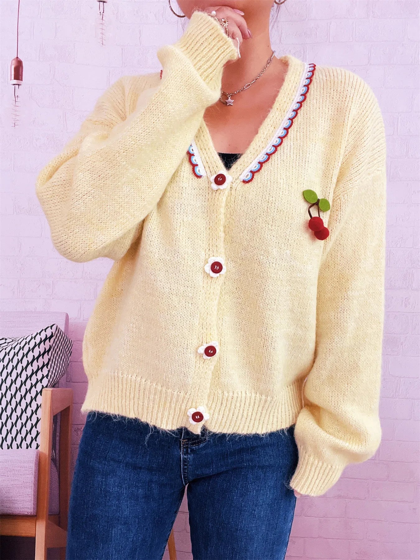 Cherry Button-Front Long Sleeve Cardigan