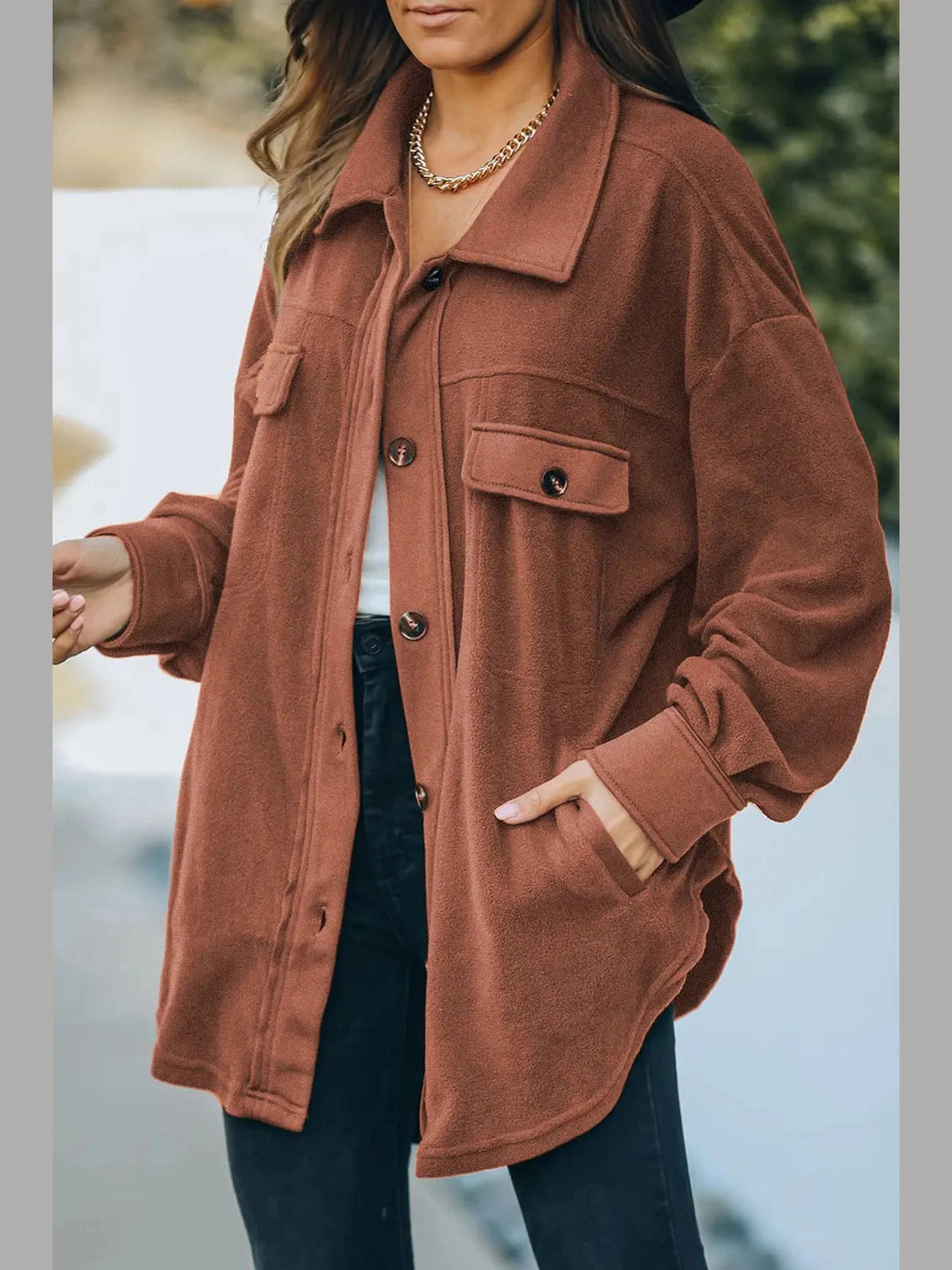 Button Up Collared Neck Long Sleeve Jacket nicholesgifts