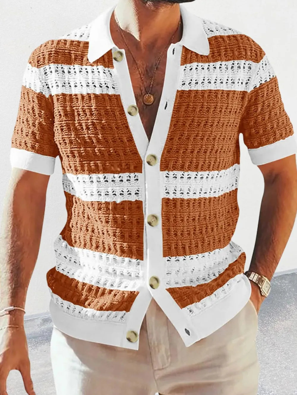Men's Button Down Collared Neck Contrast Openwork Shirt NicholesGifts