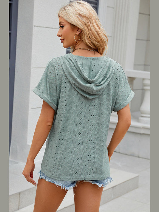 Eyelet Drawstring Hooded Short Sleeve Blouse NicholesGifts