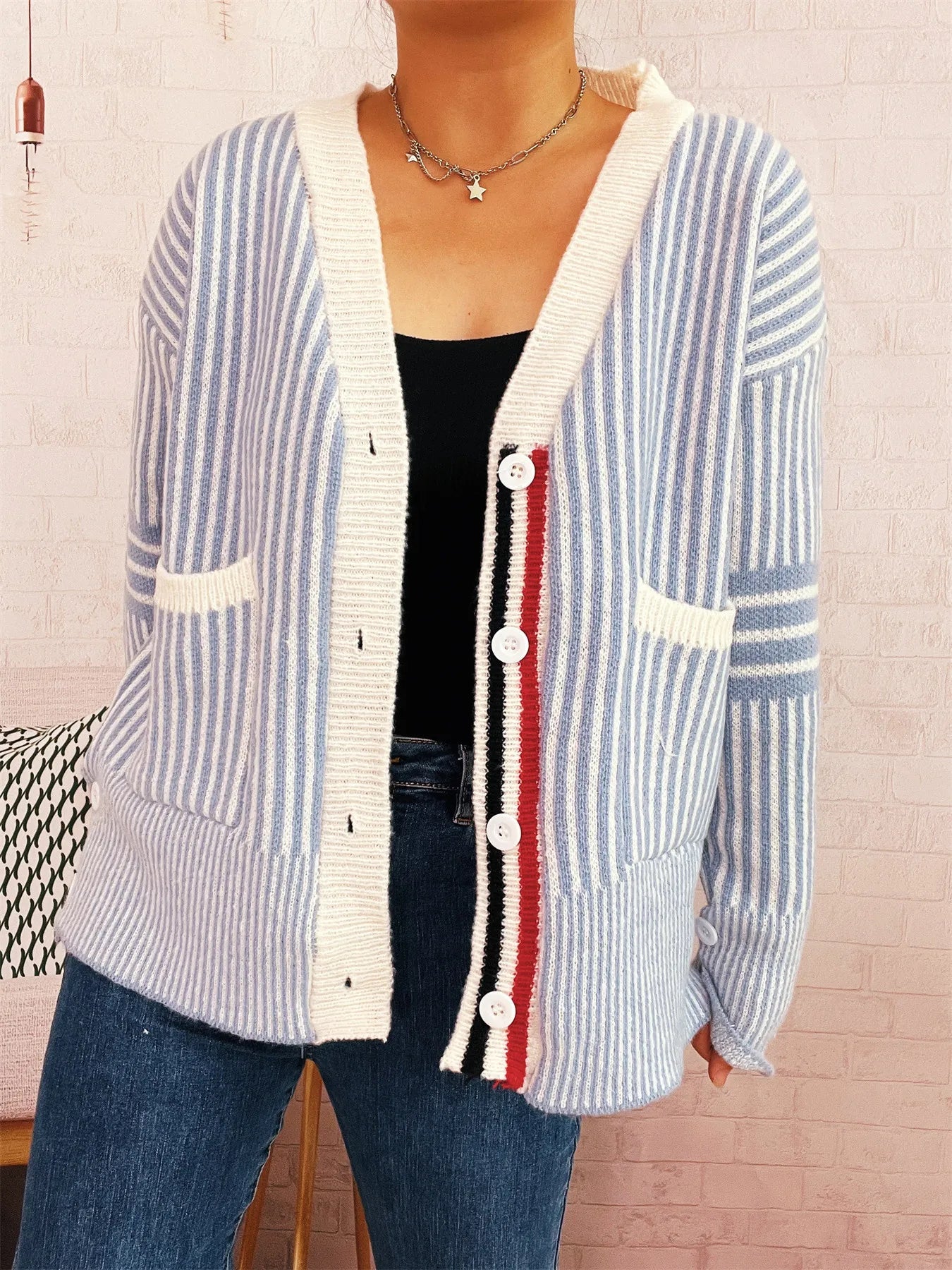 Striped Button-Front Cardigan with Contrast Trim