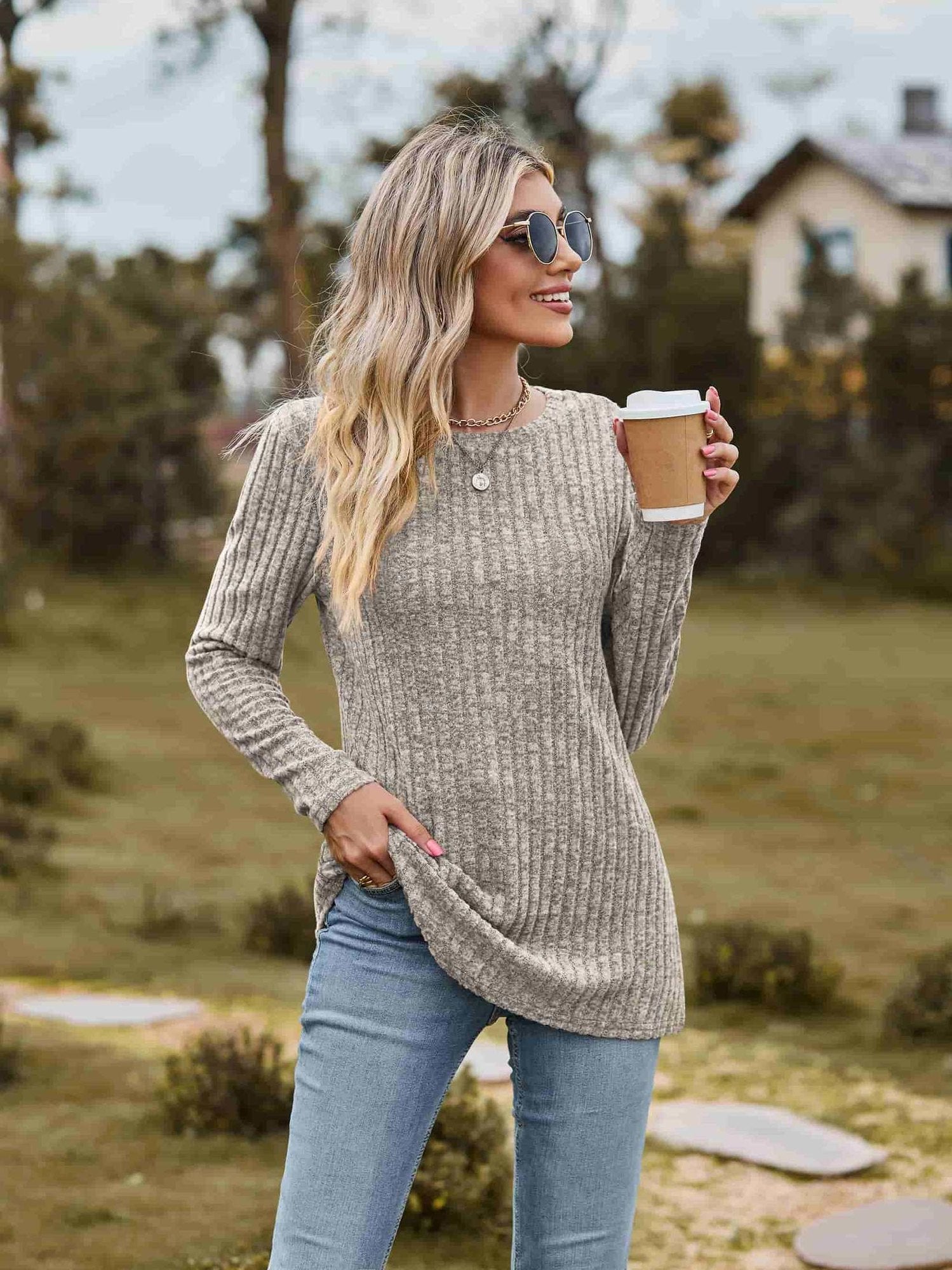 Ribbed Round Neck Long Sleeve Tee NicholesGifts