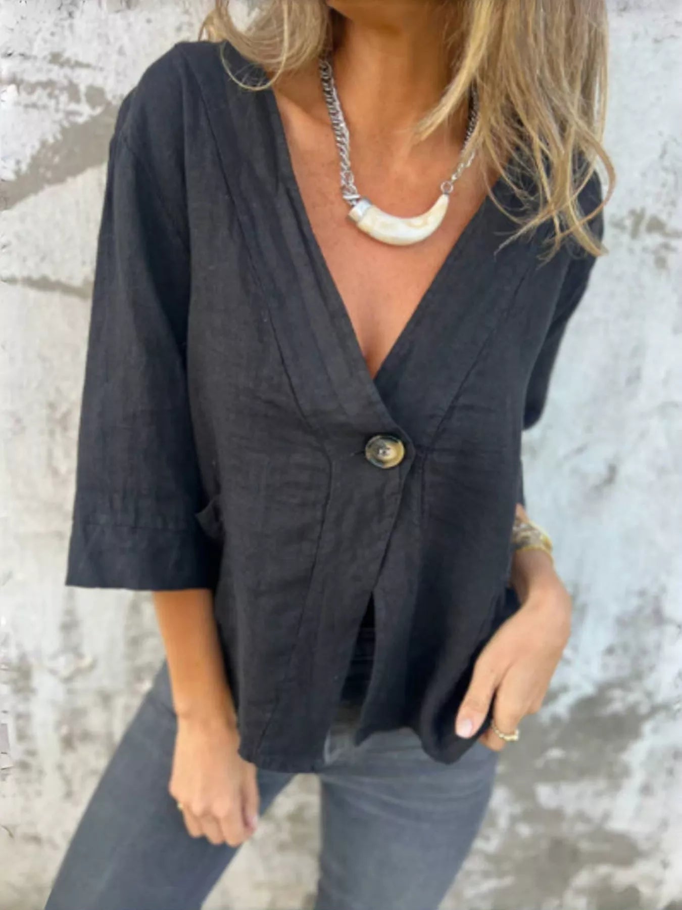 Full Size One Button V-Neck Shirt Plus Size Trendsi