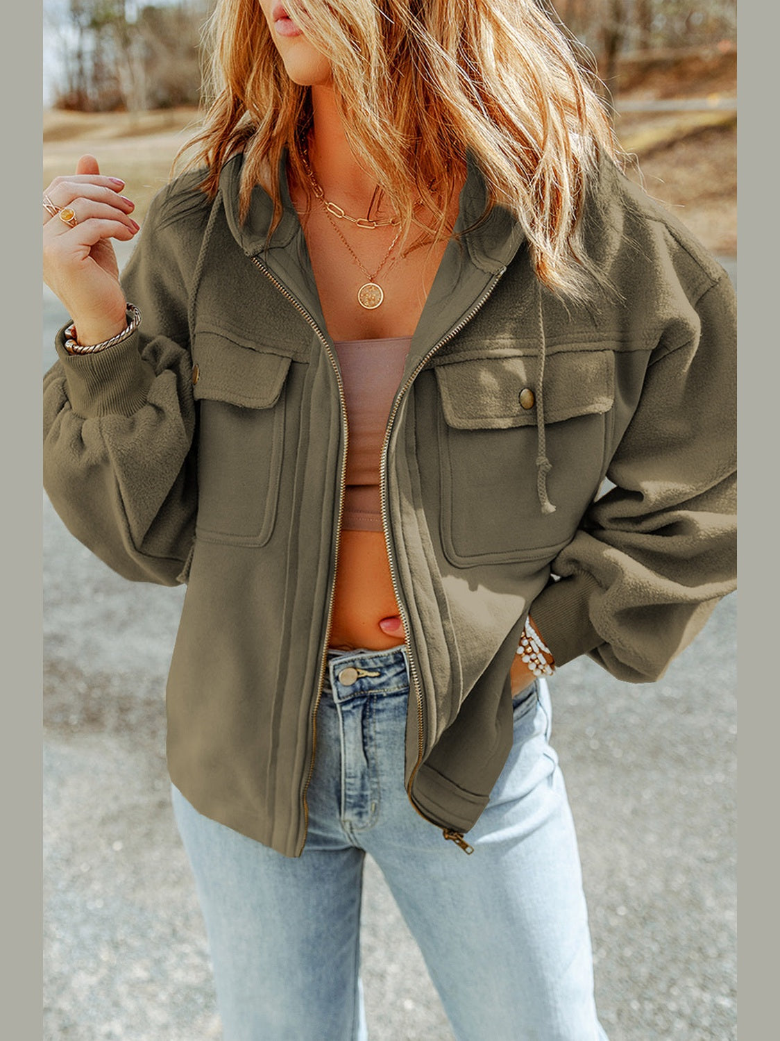 Zip-Up Drawstring Hooded Jacket nicholesgifts