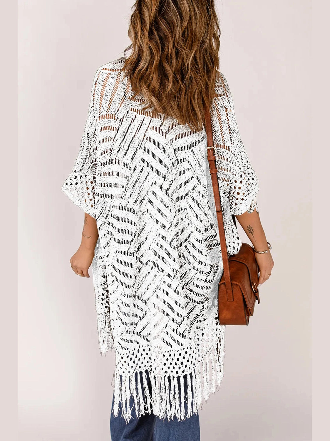Openwork Open Front Cardigan with Fringes nicholesgifts