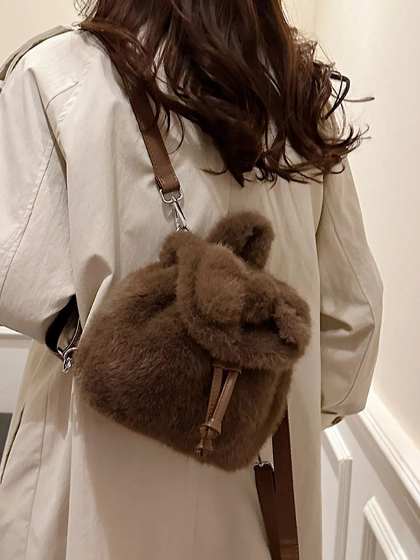 Fuzzy Plush Drawstring Backpack Bag nicholesgifts