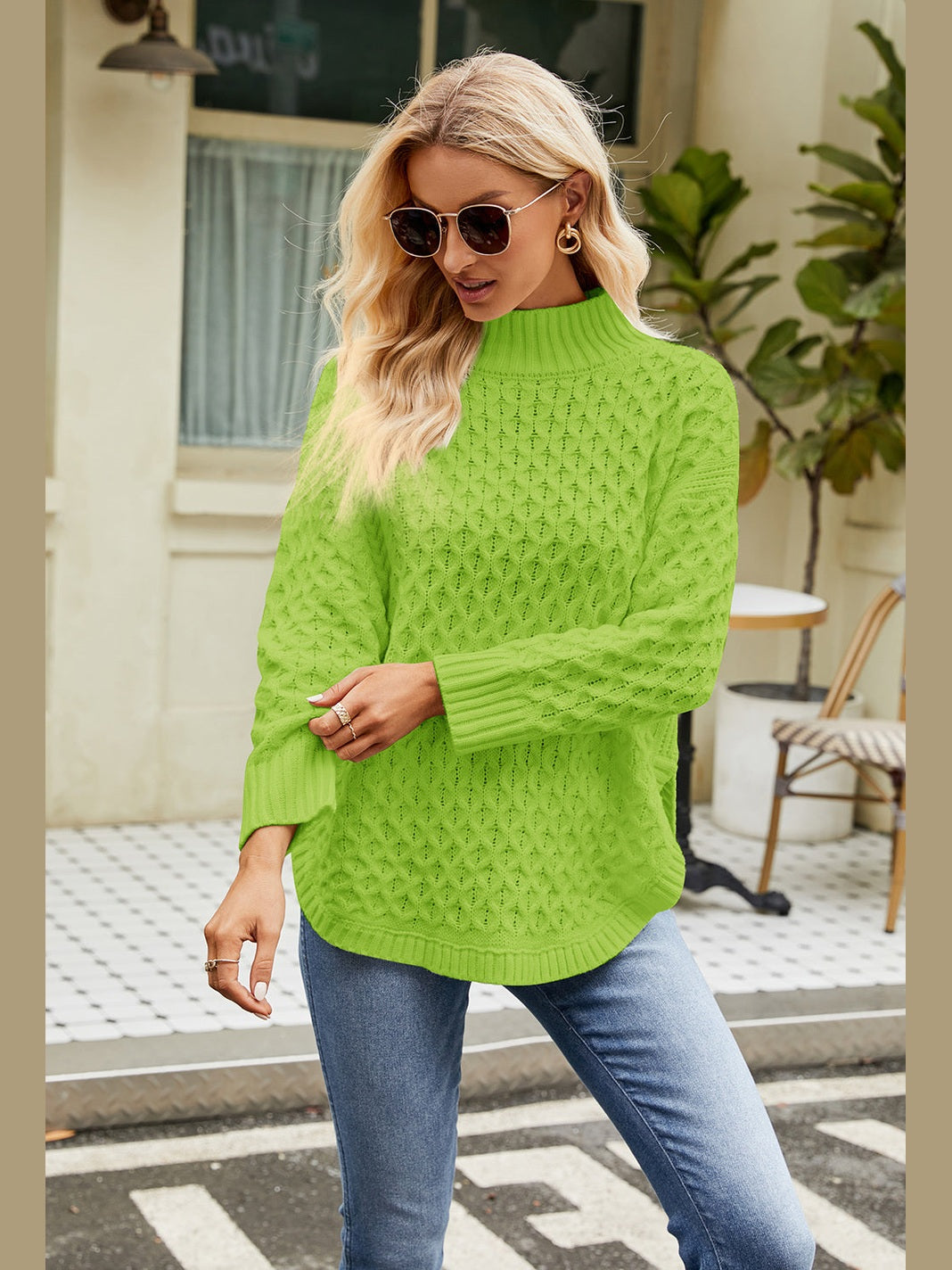 Slit Long Sleeve Mock Neck Sweater Trendsi