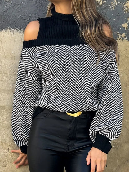 Women Perfee Mock Neck Cold Shoulder Sweater nicholesgifts