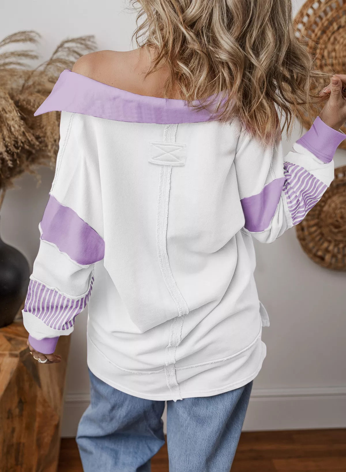 Color Block Striped Johnny Collar Sweatshirt nicholesgifts