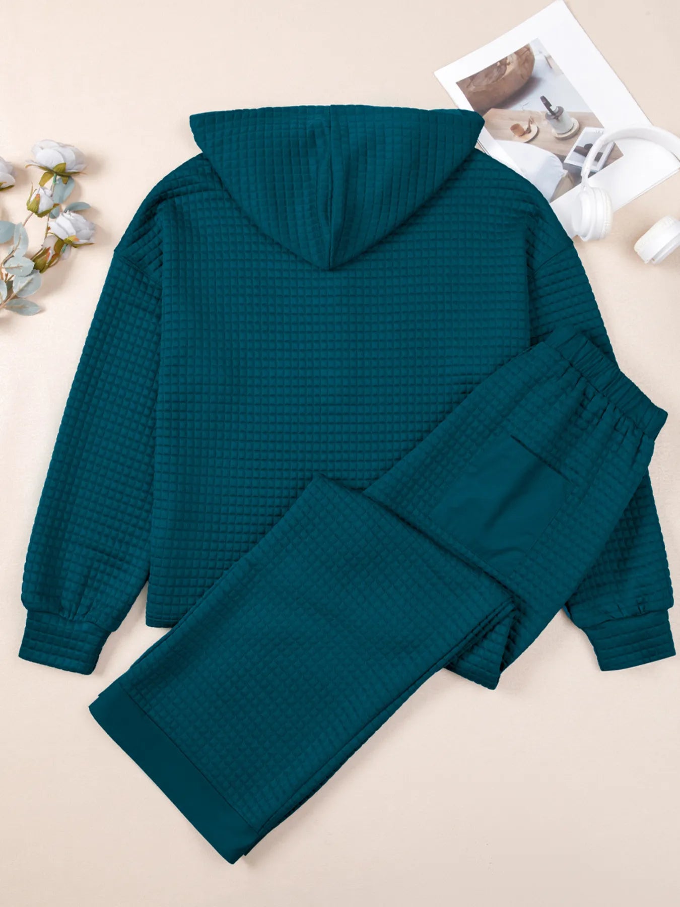 Waffled Textured Raw Edge Patchwork Top and Pants 2pcs Set nicholesgifts