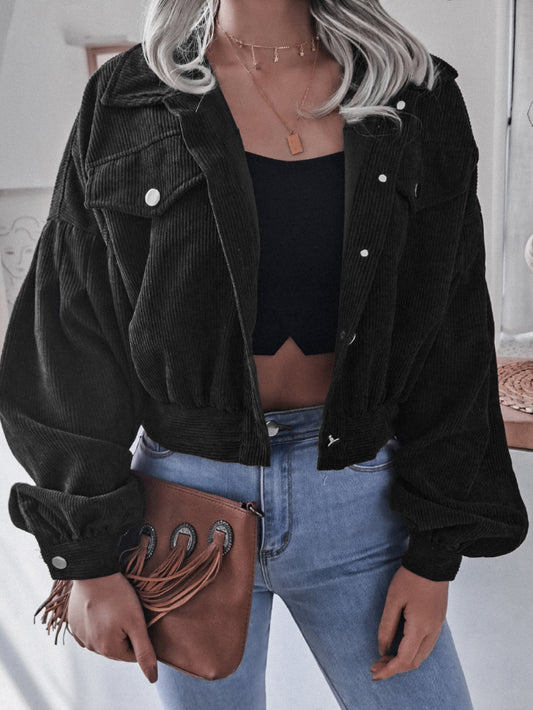 NicholesGifts Women Lantern Sleeve Cropped Corduroy Jacket NicholesGifts
