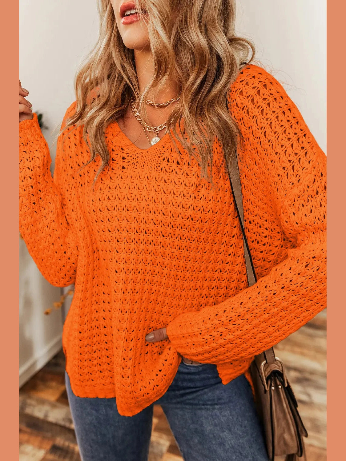 Openwork Round Neck Long Sleeve Sweater Trendsi