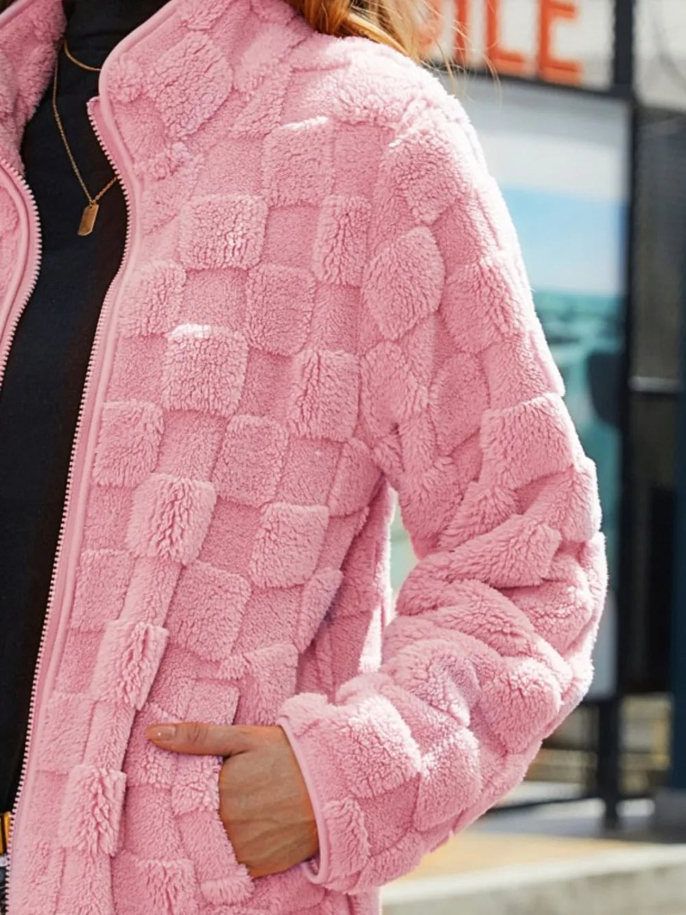 Fuzzy Checkered Zip Up Jacket nicholesgifts