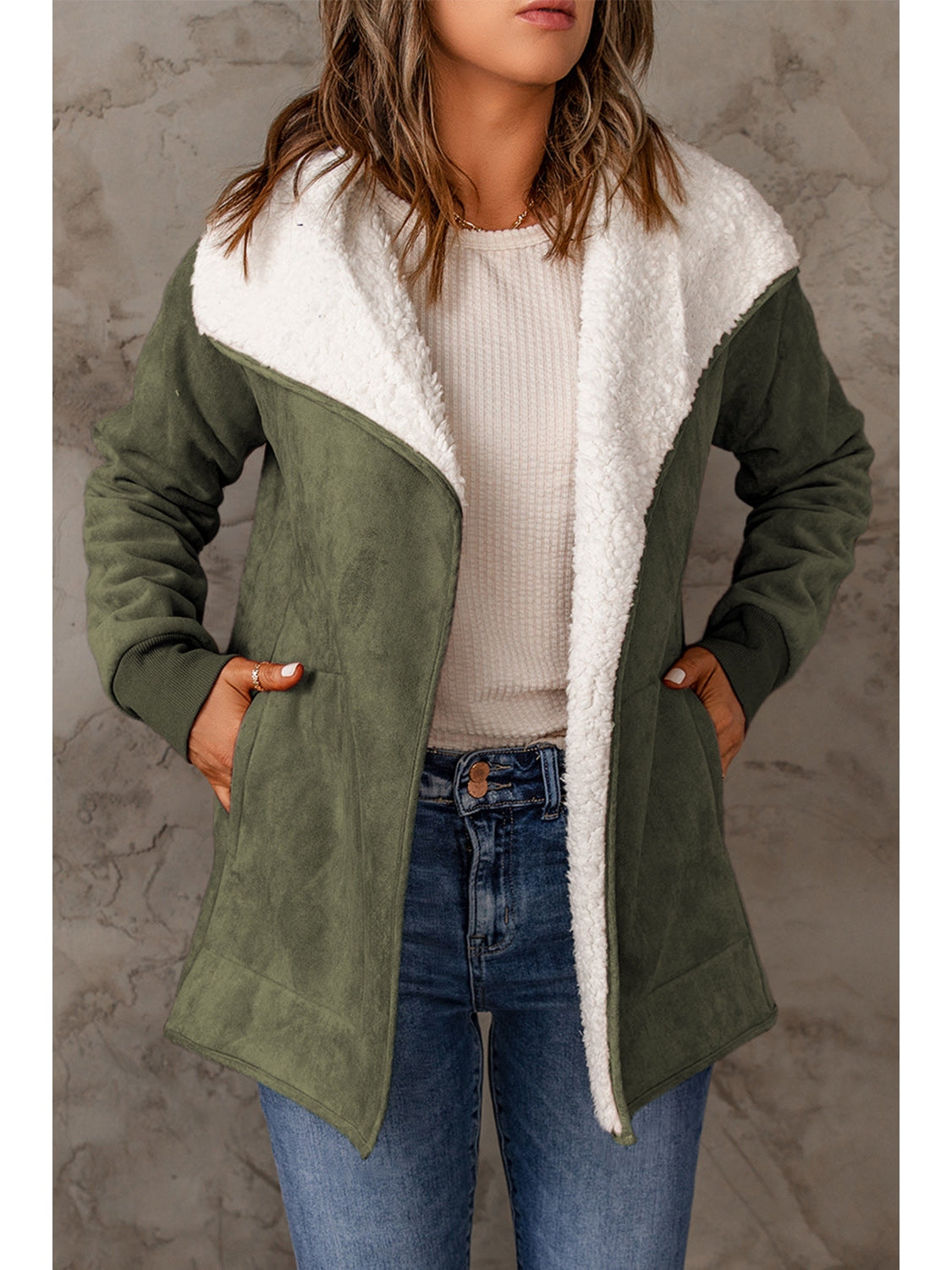 Open Front Long Sleeve Sherpa Jacket with Pockets nicholesgifts