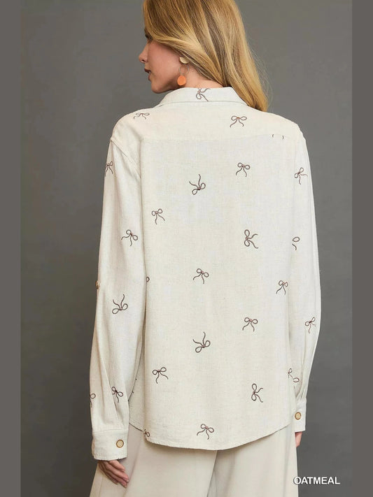 Women Umgee Linen Blend Long Sleeve Fitted Shirt with Ribbon Embroidery Details NicholesGifts