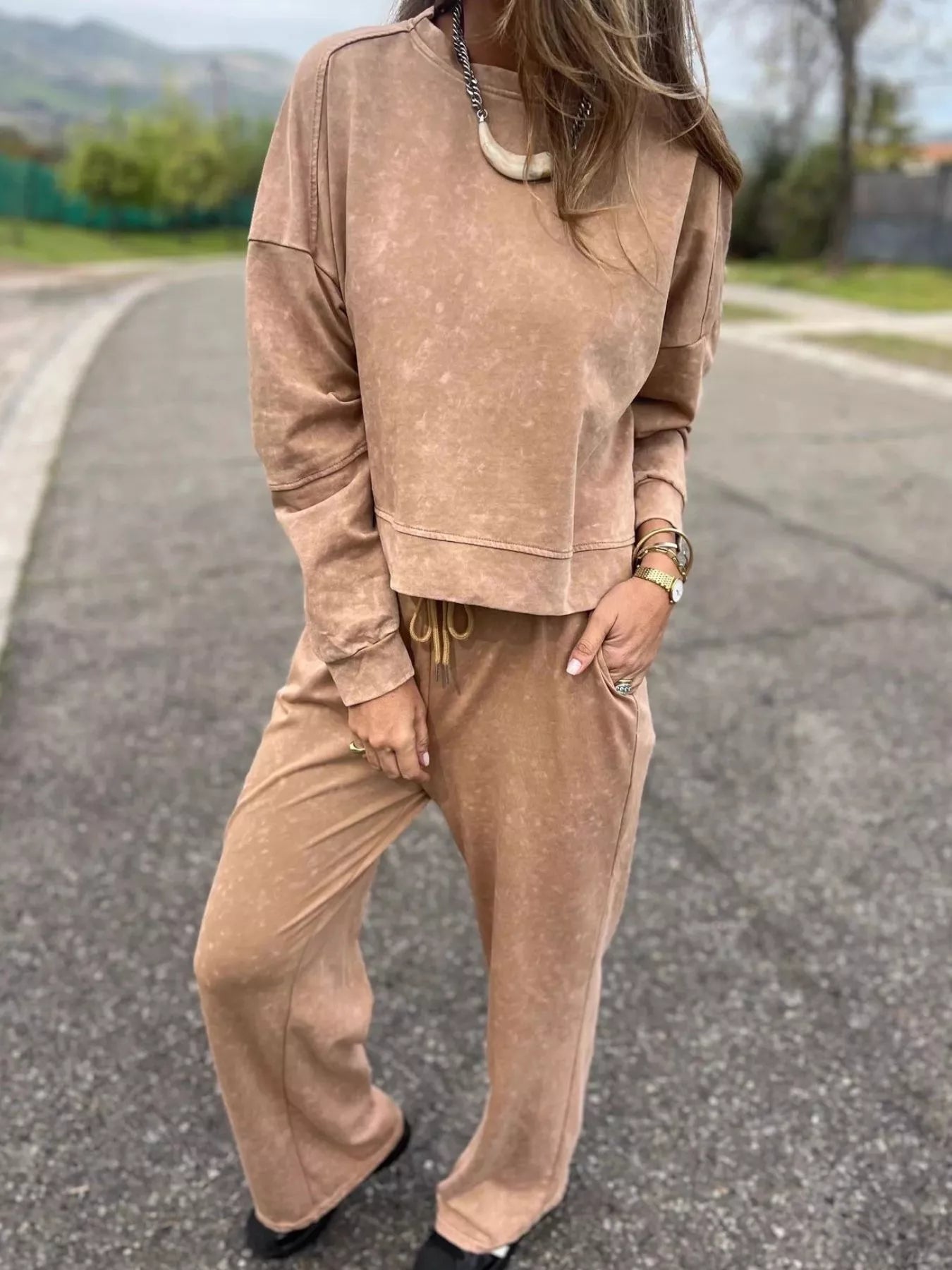 Full Size Washed Round Neck Top and Drawstring Pants Set Plus Size nicholesgifts