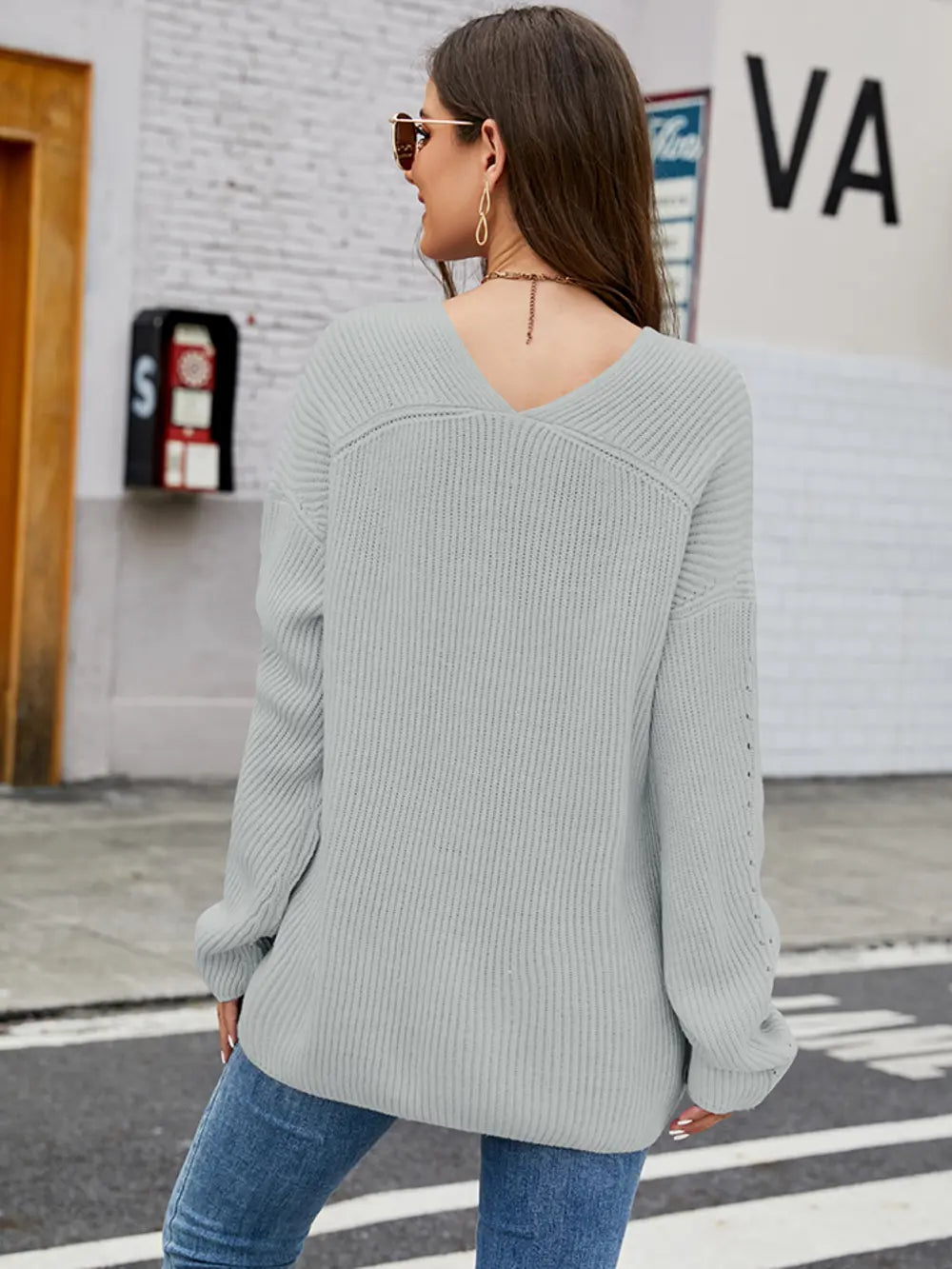 Openwork Dropped Shoulder Long Sleeve Sweater nicholesgifts