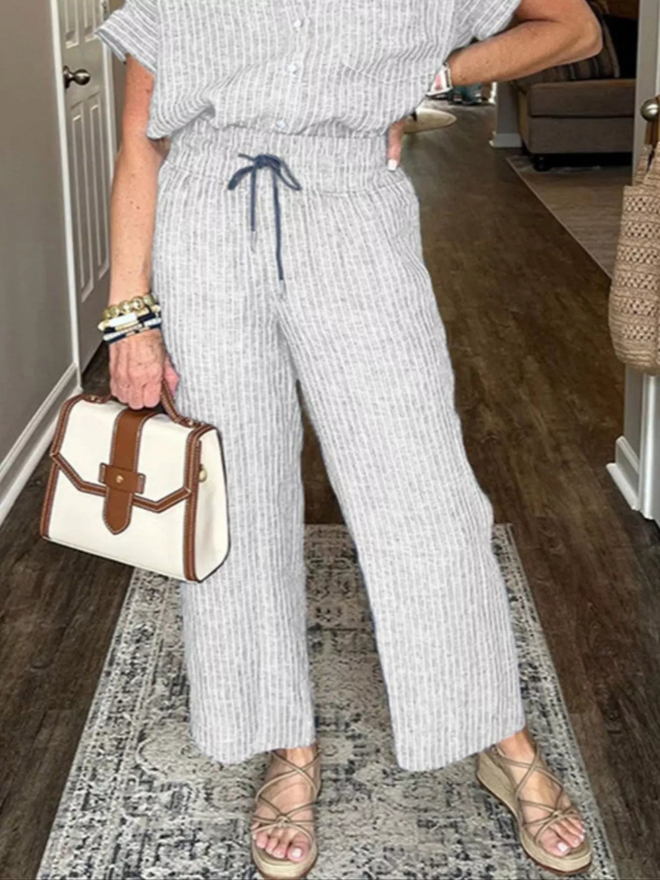 Full Size Striped Button-Up Shirt and Wide Leg Pants Casual Set Plus Size Trendsi