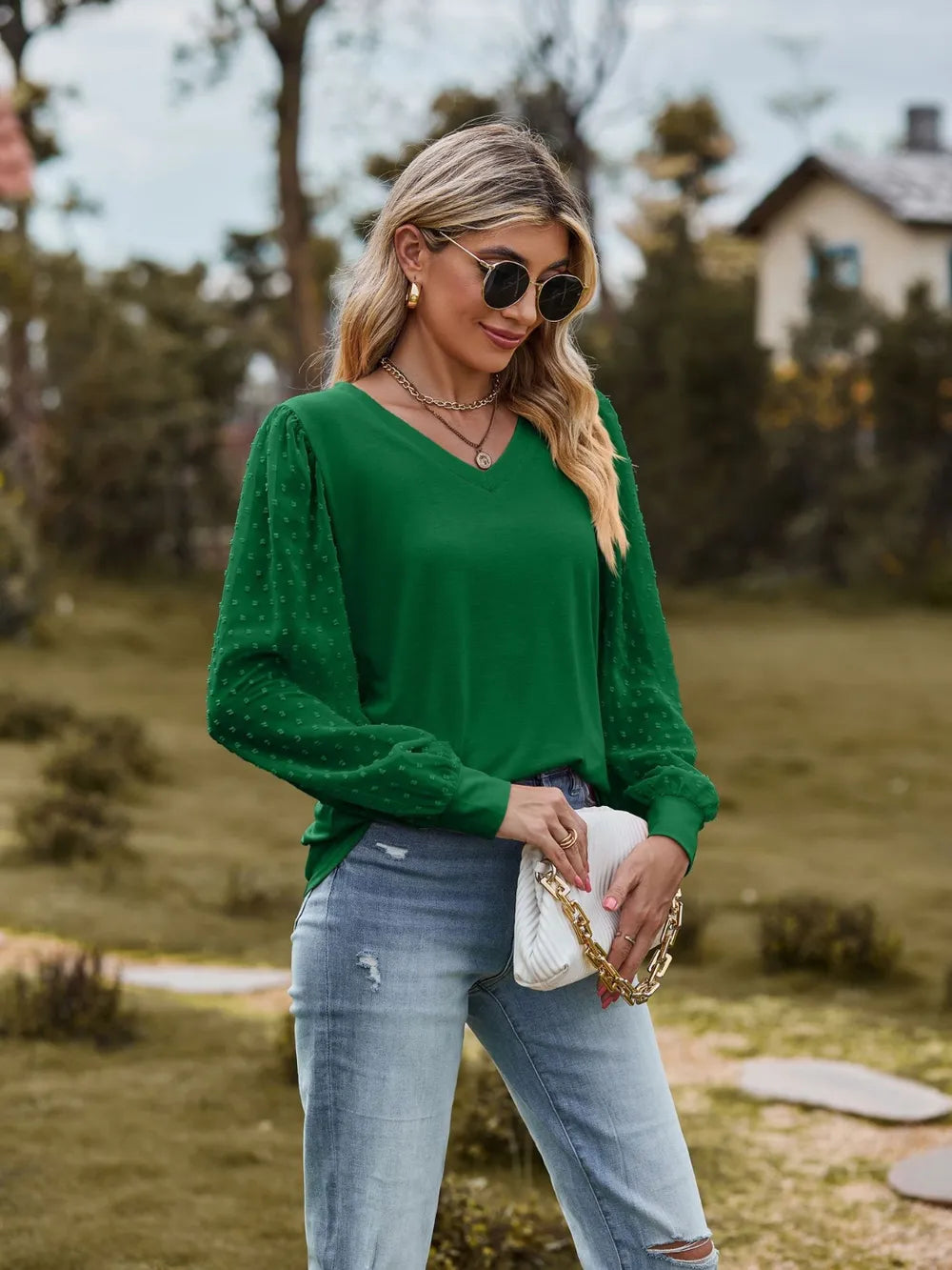 Swiss Dot V-Neck Long Sleeve Blouse NicholesGifts