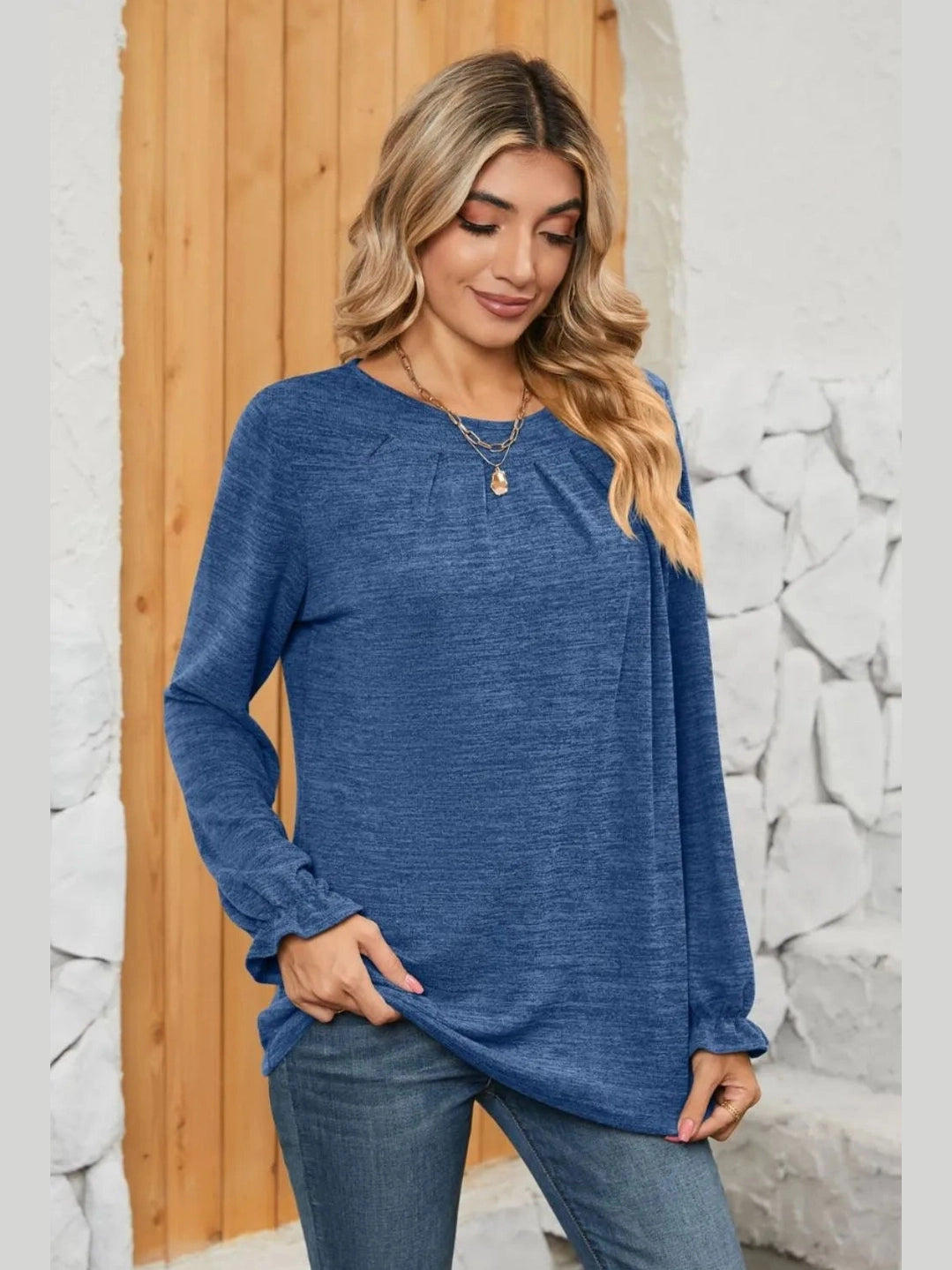 Ruched Round Neck Flounce Sleeve T-Shirt NicholesGifts
