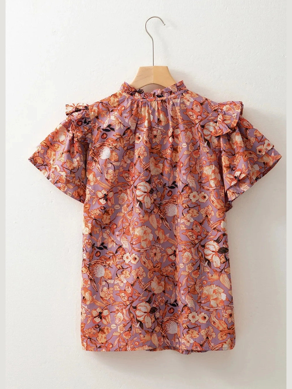 Floral Ruffled Layered Short Sleeve Tie Neck Blouse NicholesGifts