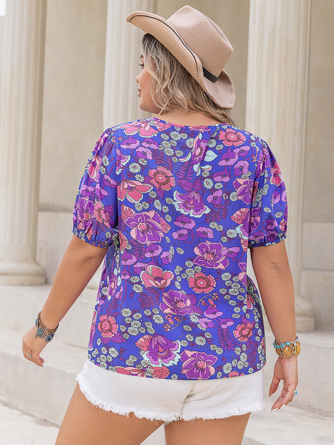 Plus Size Printed Notched Short Sleeve Blouse nicholesgifts